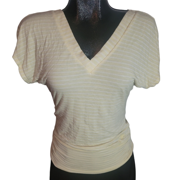 Foxy Jeans Pale Yellow and White Striped Short Sleeve Top S - Picture 1 of 10
